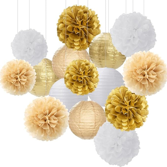 White Gold Party-Decorations Paper Flowers Lanterns - 15PCS Engagement Birthday Graduation Wedding Tissue Pom Poms Streamers,Neutral Bachelorette Baby Bridal Shower Hanging Supplies Decor Hugfond-Ruum Studio Home