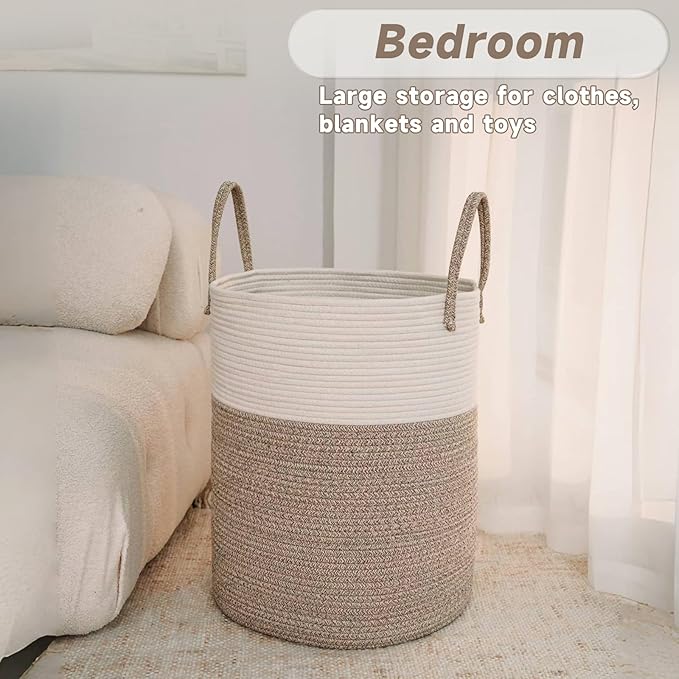 Large Woven Laundry Basket Hamper,80L Cotton Rope Storage Bin for Blankets,Toys and Clothes,Decorative Tall Nursery Hamper for Living Room,Baby Nursery,Bathroom and Bedroom,Brown-Ruum Studio Home