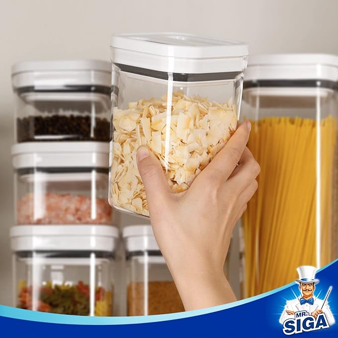 MR.SIGA 8 Piece Airtight Food Storage Container Set, BPA Free Kitchen Pantry Organization Canisters, One-handed Airtight Plastic Containers with Lids for Cereal, Spaghettie, Pasta,White-Ruum Studio Home