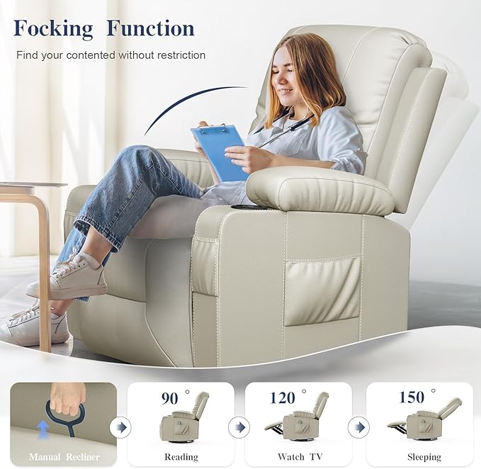 Recliner Chairs for Adults, Massage Rocker with Heated Modern Ergonomic Lounge 360 Degree Swivel Single Sofa Seat Living Room Lounge Recliners Ivory White-Ruum Studio Home