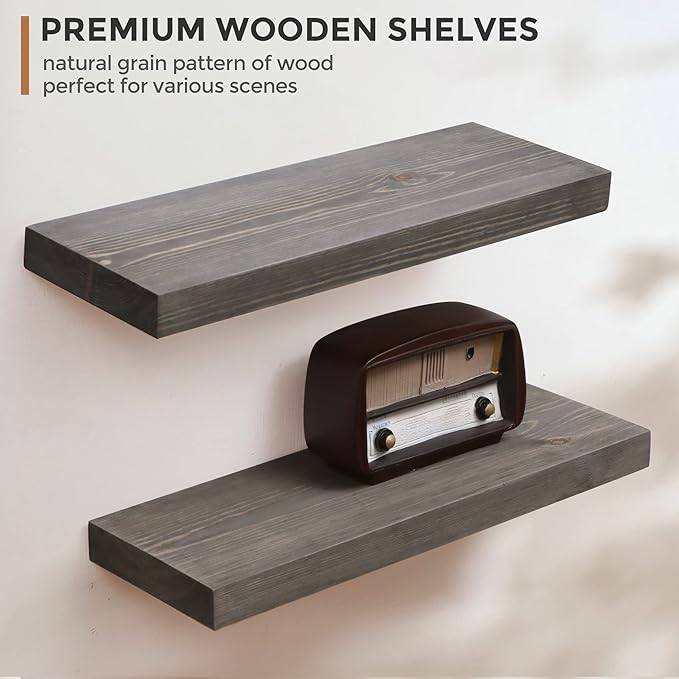 Fun Memories European Pine Floating Shelves for Wall, Mounted Shelf for Decor Storage Set of 2 - Natural Rustic Wooden Wall Shelf for Kitchen Bathroom Living Room Bedroom Farmhouse - Grey-Ruum Studio Home