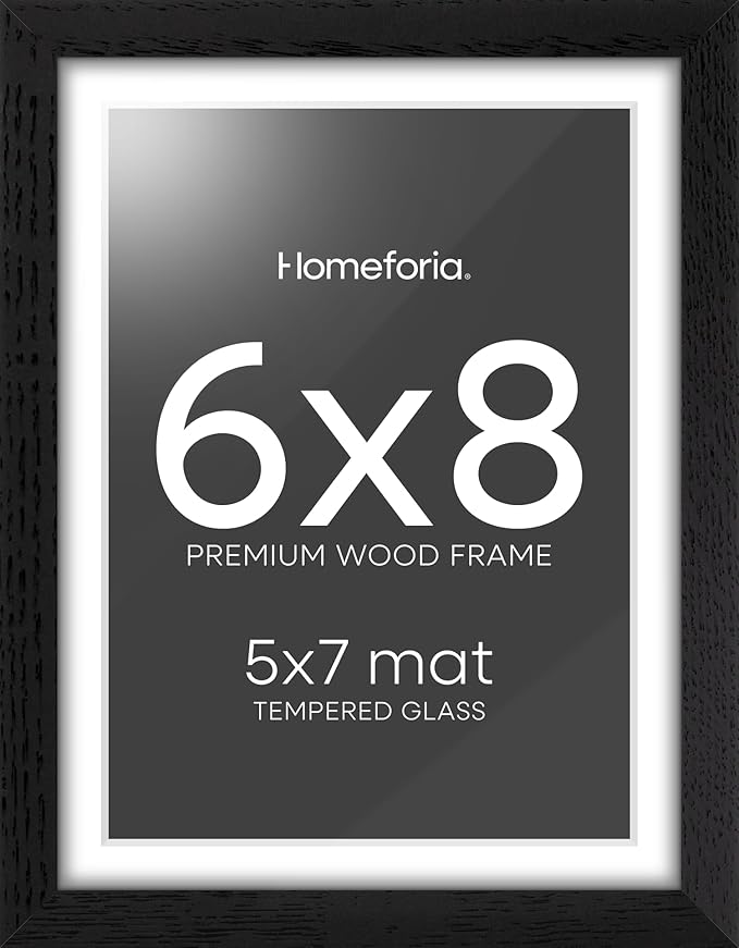 Homeforia 8x6 Black Wood Frame, High End Oak 6x8 Black Wooden Picture Frames with Mat 5x7 Art, 6 x 8 Frame Matted to 5 by 7 inch Photo, 6x8 Wall or Tabletop Frames, Tempered Glass, Wall Kit, Set of 1-Ruum Studio Home