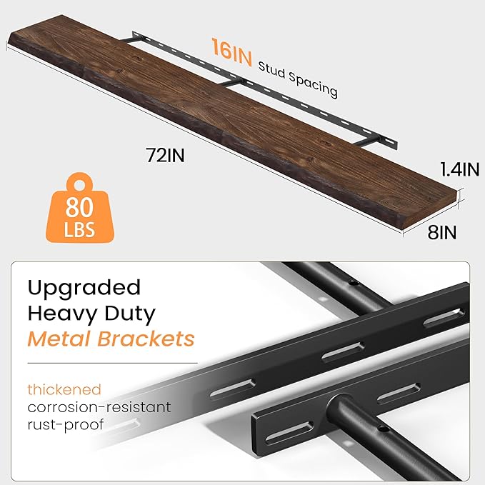 72 Inch Floating Shelves for Wall, Rustic Elm Wood Floating Shelves for Home Décor, Wall-Mounted Display Shelves with Heavy-Duty Bracket, Long Floating Shelf for Kitchen, Living Room, Walnut Finish-Ruum Studio Home