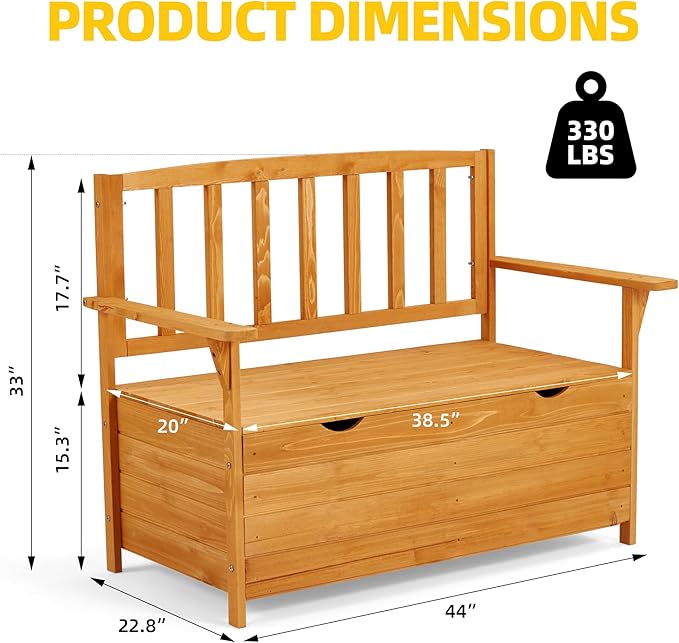 AVAWING Outdoor Storage Bench, Wooden Garden Bench Weatherproof, Patio Benches for Outside, 2-Seat Front Porch Bench, Park Bench for Deck, Lawn, Backyard (Yellow)-Ruum Studio Home