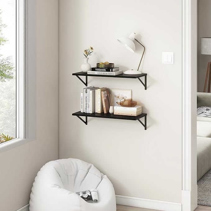 Fun Memories 27.5" W x12 D Floating Shelves, Black Wall Shelf with Brackets, 12 Inch Deep Floating Shelf Set of 2, Large Storage Kitchen Living Room Bathroom Shelves, Wood Wall Mounted Shelf-Ruum Studio Home