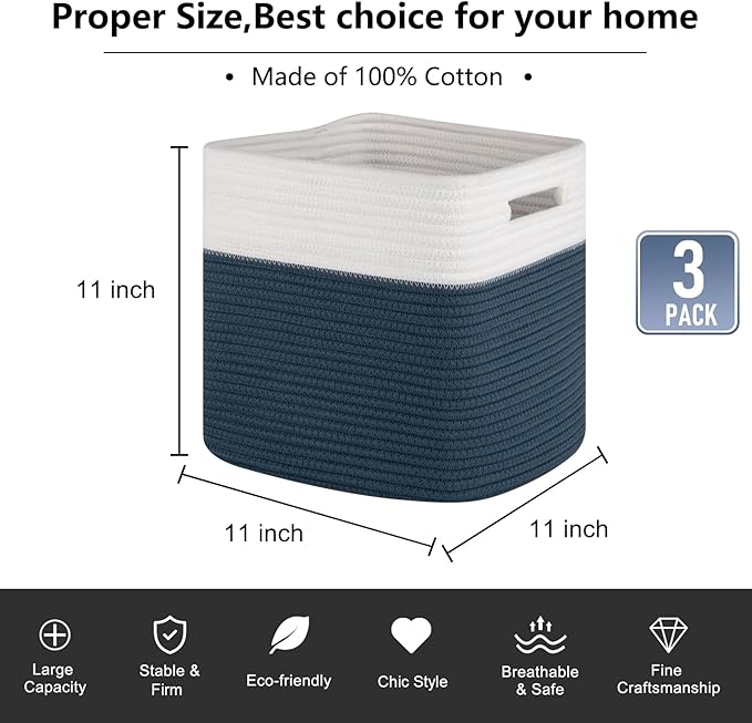 OIAHOMY Cube Storage Basket, 3-Pack Woven Cotton Rope Baskets for Storage, 11-Inch Cube Basket with Handles, Great for Shelves, Closets, Children's Toy Storage and Organization-White & Blue-Ruum Studio Home