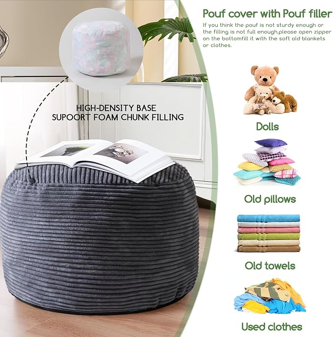 HIGOGOGO Round Stuffed Pouf Ottoman, Corduroy Poufs with Foam Chunk Filling, Furry and Fluffy Pouf Foot Stool Storage Ottoman, 26 X 18 Floor Poufs Foot Rest for Living Room, Dark Grey-Ruum Studio Home
