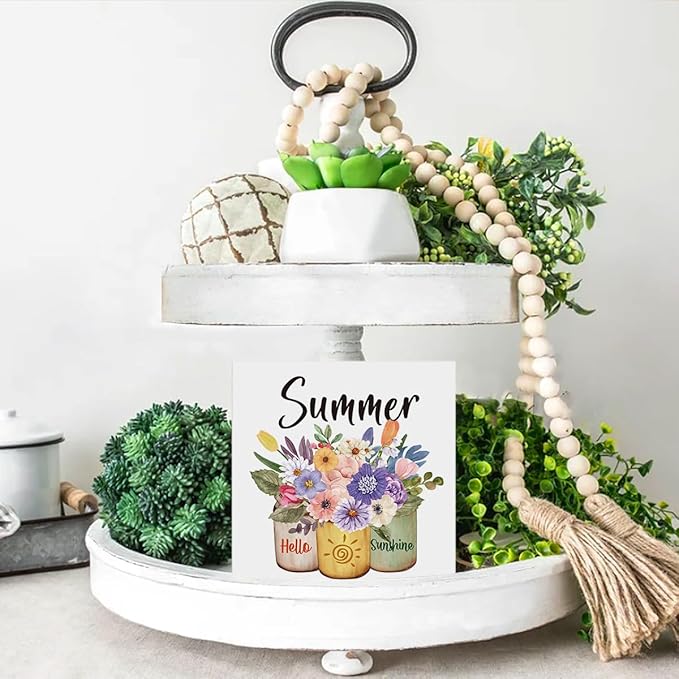 Summer Decor Farmhouse Summer Decorations Hello Sunshine Wooden Sign Rustic Home Decor 5 x 5 Inches-Ruum Studio Home