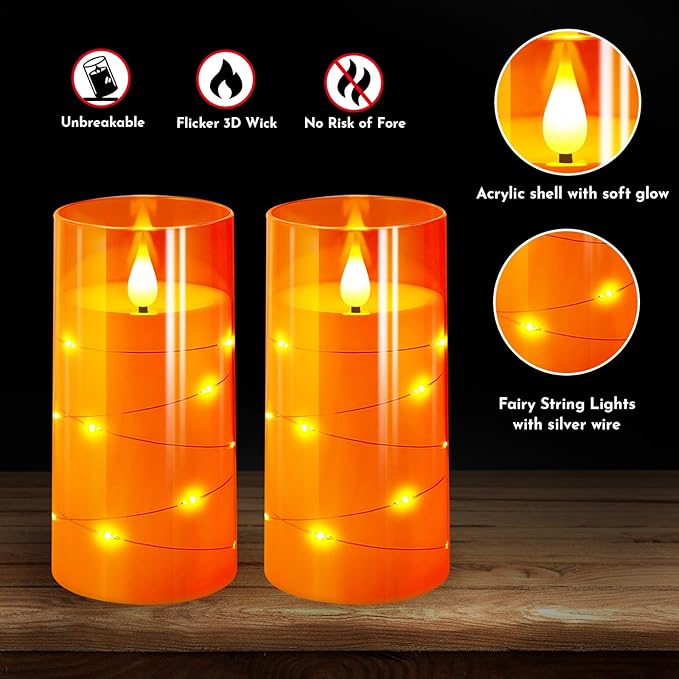 NURADA 3"x6"Flickering Flameless Candles: Built-in Star String Lights 3D Wick Battery Operated LED Pillar Candles with Remote and Timer for Halloween Thanksgiving Dinner Tables Home Fall Decor Orange-Ruum Studio Home