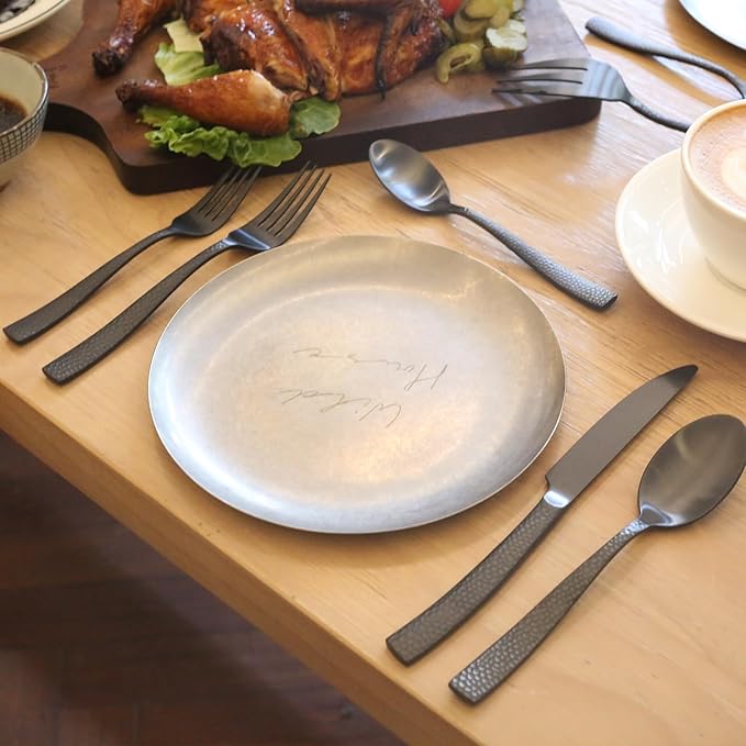 Silverware 45-Piece Matte Black Hammered Flatware Set with Serving Utensils, Stainless Steel Thick Handle Matte Polished Cutlery Set for Wedding Hotel Restaurant, Service for 8-Ruum Studio Home