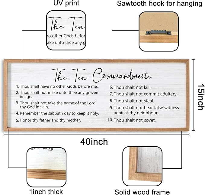 The Ten Commandments Rustic Bible Verse Framed Wall Art, 40''×15'' Positive Religious Christian Saying Sign for God Jesus Christ Prayer, Vintage Horizontal Holy Inspirational Catholic Scripture Decor-Ruum Studio Home