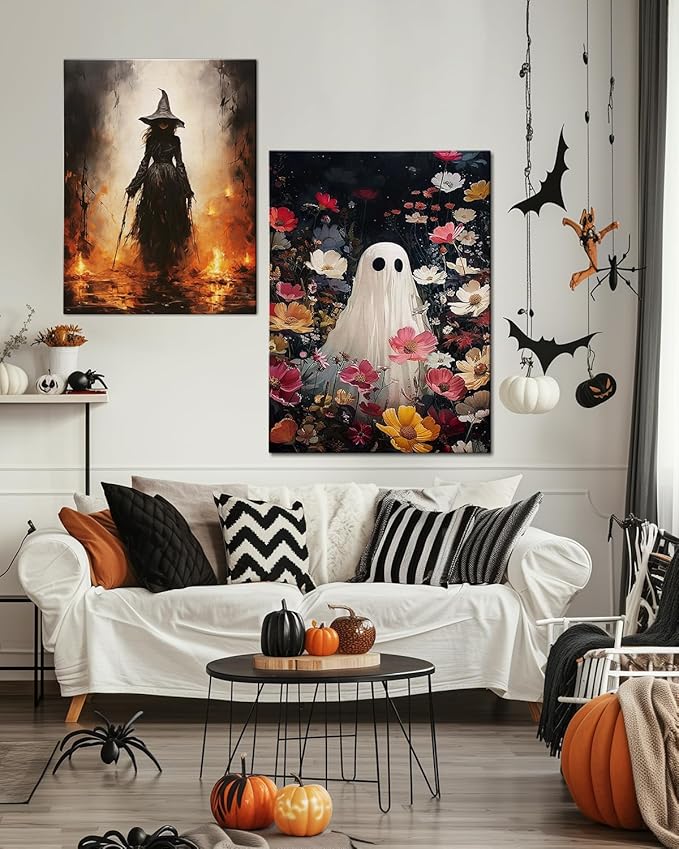 Halloween Canvas Wall Art,Vintage Cute Ghost & Wildflowers Framed Poster, Spooky Fall Decorations for Indoor, Gothic Dark Academia Wall Decor, Funny Halloween Decorations for Living Room Bedroom-Ruum Studio Home