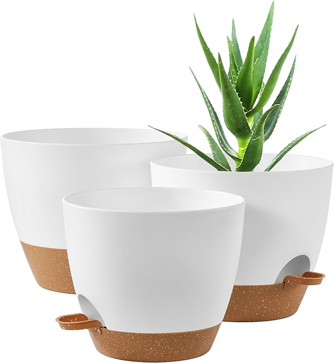 FaithLand 3-Pack Planter Pots, 10 9 8 Inch Self Watering Flower Pots for Indoor Outdoor Garden Plants, White with Brown-Ruum Studio Home