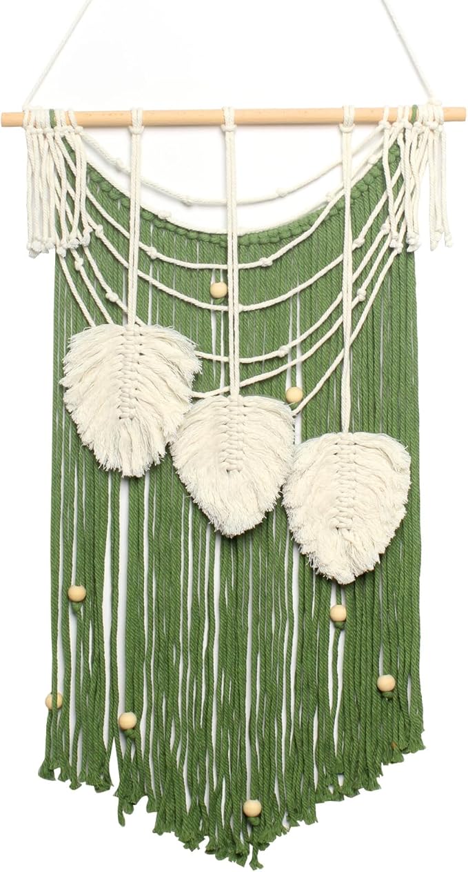 JONKASIPA Macrame Wall Hanging Bohemian Handmade Leaf Feather Wall Art Decorations, Green fringe Chic Home Decor for Apartment Dorm Living Room Bedroom-Ruum Studio Home