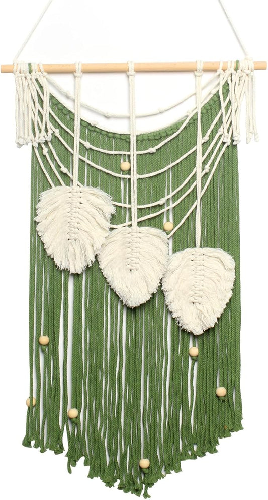 JONKASIPA Macrame Wall Hanging Bohemian Handmade Leaf Feather Wall Art Decorations, Green fringe Chic Home Decor for Apartment Dorm Living Room Bedroom-Ruum Studio Home