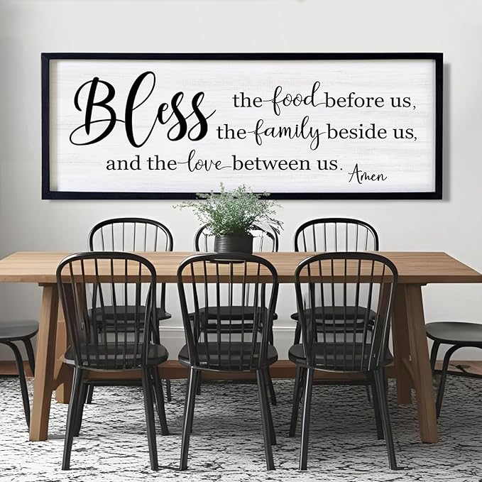 Bless the Food Before Us, the Family Beside Us, and the Love between us Framed Wall Art for Dining Room, 40''×15'' Holy Positive Religious Rustic Bible Verse for Christian God Jesus Christ Prayer-Ruum Studio Home