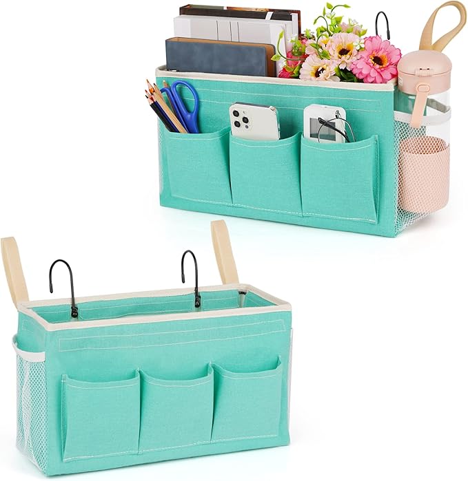 Bedside Caddy Bedside Organizer Bedside Storage Caddy with Fixed Straps and Water Bottle Holder for Home College Dorm Bunk Bed Hospital Bed Crib Bed Rails (2pcs Green)-Ruum Studio Home