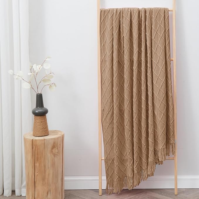 inhand Knitted Throw Blankets for Couch and Bed, Soft Cozy Knit Blanket with Tassel, Khaki Lightweight Decorative Blankets and Throws, Farmhouse Warm Woven Blanket for Men and Women, 60"x80"-Ruum Studio Home
