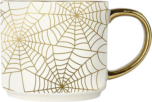 Sweet Water Decor Gold Spiderwebs Mug, 14oz Fine Bone China Coffee Cup with Gold Handle, Cute Halloween Decorations for Home, Spider Web Mug Fall Seasonal Decor, Spooky Season Gifts for Women-Ruum Studio Home