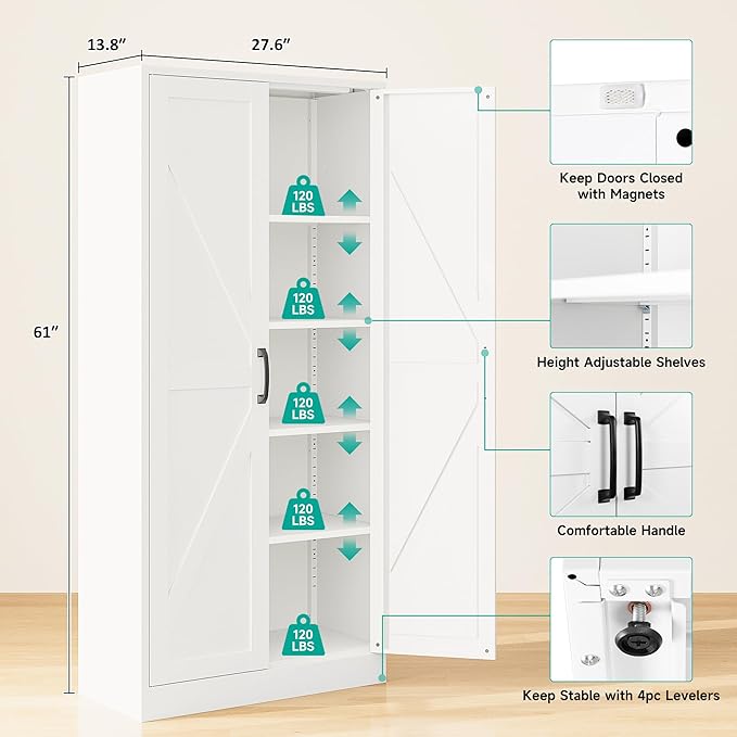 SISESOL Metal Storage Cabinet with 2 Doors and 5 Shelves,61 inch White Pantry Storage Cabinet,Large Farmhouse Pantry Cupboard for Home,Kitchen,Dining/Living Room-Ruum Studio Home