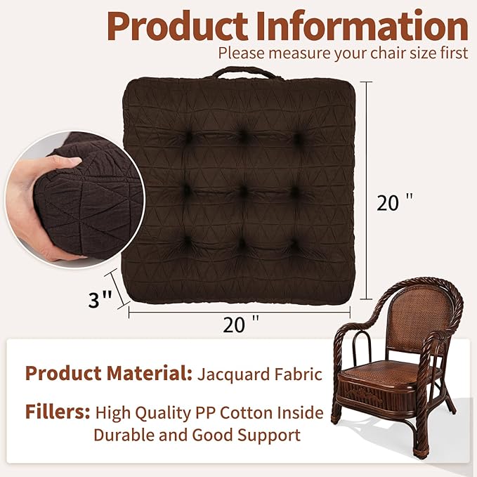 Large Chair Cushions with Handle, 20"x 20" Bite-Size Memory Foam Seat Cushions for Wicker Chair, Patio Non-Slip Rattan Chair Pads, Square Floor Cushion, Brown-Ruum Studio Home