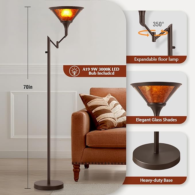 Floor Lamps for Living Room - 70" Brown Torchiere Standing Floor Lamp with Adjustable Swing Arm - Tall Corner Lamp Decor for Bedroom with Mica Shade LED Reading Light for Home Office-Ruum Studio Home