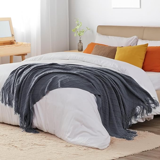 inhand Knit Graphite Grey Throw Blanket for Couch, Soft Living Room Home Decor Knitted Twin Size Blanket, Outdoor Lightweight Breathable Summer Blanket, Farmhouse Warm Woven Decorative, 60"x80"-Ruum Studio Home