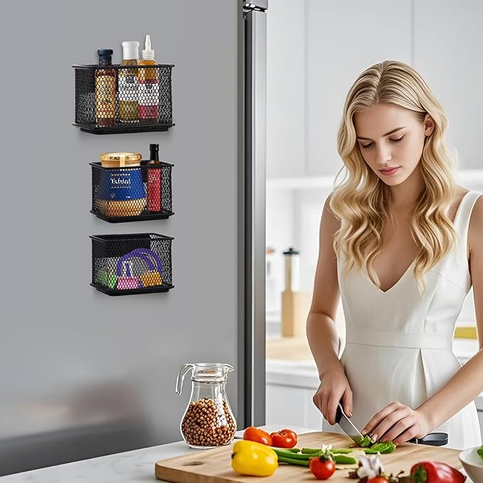 Black Magnetic Basket, Magnetic Organizer Holder Refrigerator Basket, Magnetic Baskets Heavy Duty, Magnetic Holder for Refrigerator Locker Whiteboard Office,Medium x1&Small x2 Set of 3-Ruum Studio Home