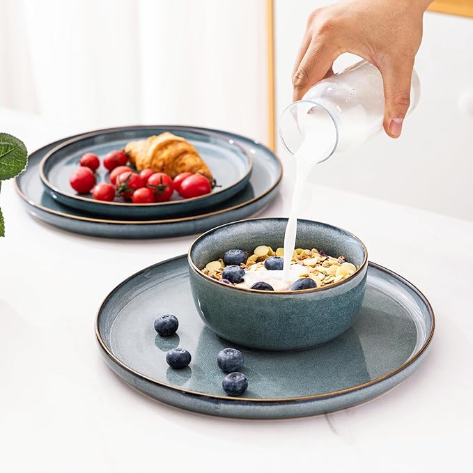 GBHOME Ceramic Dinnerware Sets for 4, 12 Pieces Stoneware Plates and Bowls Sets, Reactive Glaze Dishes -Scratch Resistant, Dishwasher&Microwave Safe, Space Blue-Ruum Studio Home