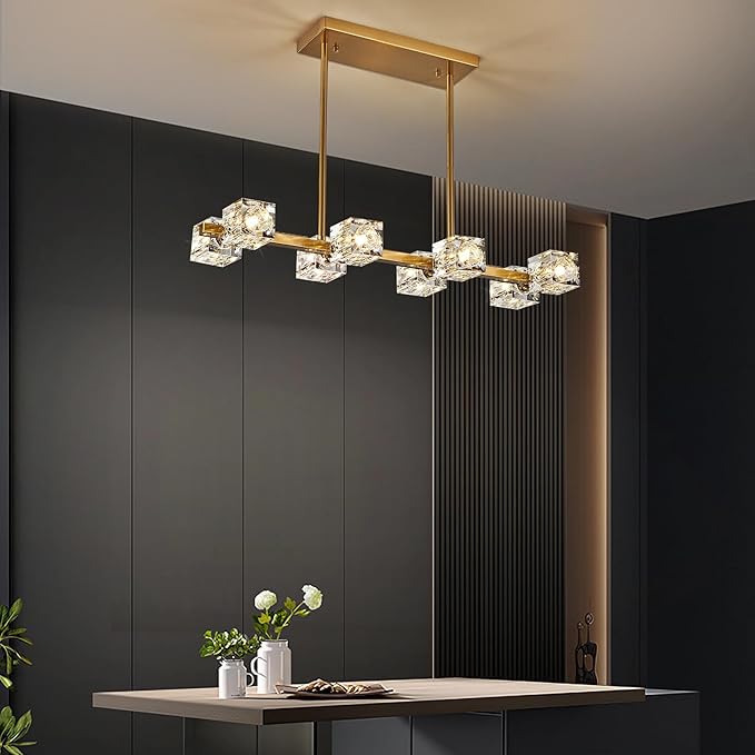 Dining Room Light Fixture,Gold Modern Crystal Chandelier Rectangular Pendant Light with 8 Light Farmhouse Chandeliers for Kitchen Island Dining Room Living Room Bedroom-Ruum Studio Home