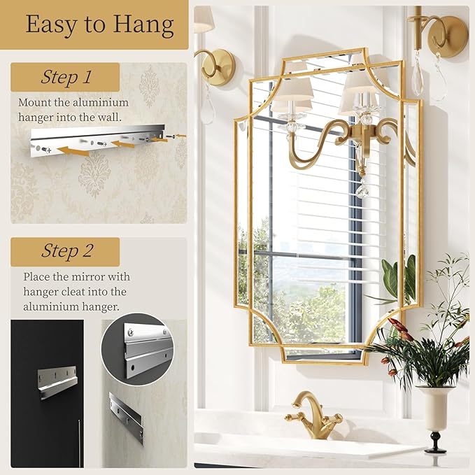 Kelly Miller Gold Bathroom Mirror for Wall, 24"x36" Large Decorative Mirror Gold Wall Mirror Vanity Mirror Beveled Wall Decor for Master Bath Half Bath Living Room Bedroom Fireplace Mantle Entryway-Ruum Studio Home
