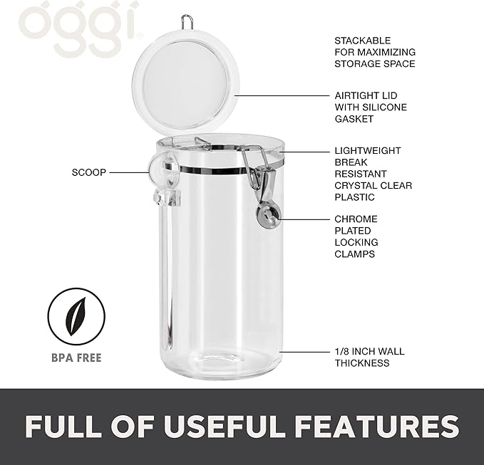 Oggi Clear Canister Airtight 72oz - Clamp Lid & Spoon - Airtight Food Storage Container, for Kitchen & Pantry Storage of Bulk, Dry Foods, Pasta, Flour, Sugar, Coffee, Rice, Tea, Spices & Herbs-Ruum Studio Home
