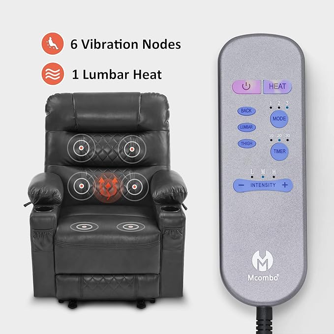 MCombo Zero Gravity Power Recliner Chair with Heat and Vibration Massage, Reclining Chair with USB Ports, Cup Holders for Living Room, Faux Leather PR621 (Grey)-Ruum Studio Home