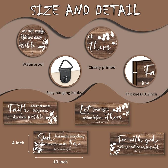 FENCORDAR 4 Pieces Brown Wall Decor Bible Verses Bathroom Decor Wooden Farmhouse Office Christian Wall Art Religious Art for Women Office Home Bedroom Living Room Decor(Brown 10x4)-Ruum Studio Home