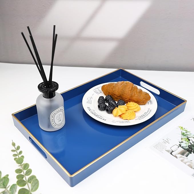Spsyrine Blue Decorative Serving Tray with Handles, Elegant Plastic Coffee Table Tray for Ottoman, Living Room, Home Decor 15.6" X 10.2"-Ruum Studio Home