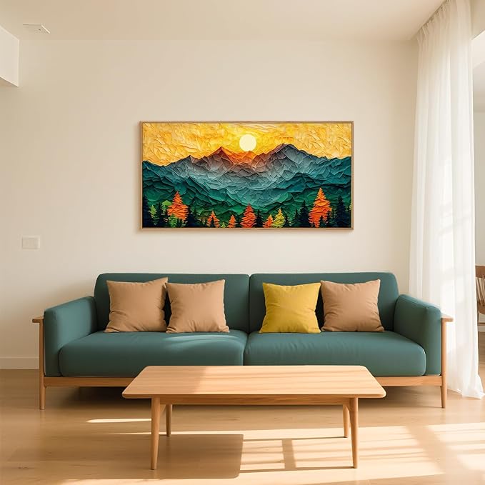Abstract Sun Mountain Framed Canvas Wall Art Set, Forest Pine Tree Golden Sunset Wall Decor, Mixed Patchwork Landscape Art Print for Living Room, Bedroom, Dining Room, Office - 20"x40"-Ruum Studio Home