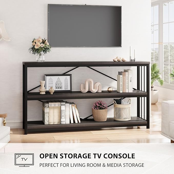 LVB Industrial Console Table, Metal and Wood Sofa Table, Rustic Entryway Table with Storage, Modern 3 Tier Shelf Long Foyer Tables Behind Couch for Home Living Room Hallway, Dark Gray Oak, 55 Inch-Ruum Studio Home