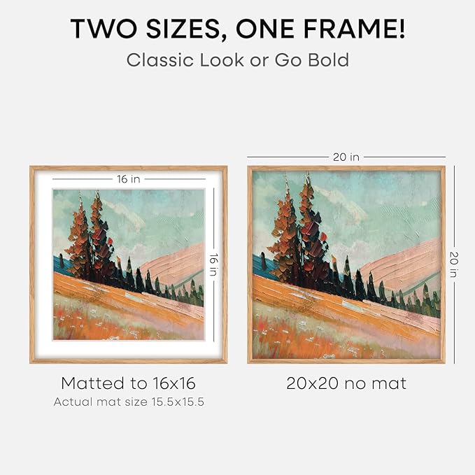 Homeforia 20x20 Wood Picture Frame, High End Natural Oak 20 x 20 Square Light Wooden Frames with Mat 16 by 16 inch Photo, 20by20 Poster Frames Matted to 16x16 Print, Tempered Glass, Wall Kit, Set of 1-Ruum Studio Home