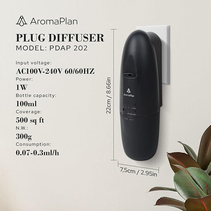 AROMAPLAN Authentic Plug in Waterless Diffuser - Up to 500 Sq. FT Coverage - Nanotechnology Plug in Oil Diffuser for Essential Oils -for Home and Office - Wall Silent & Waterless Oil Diffuser (Black)-Ruum Studio Home