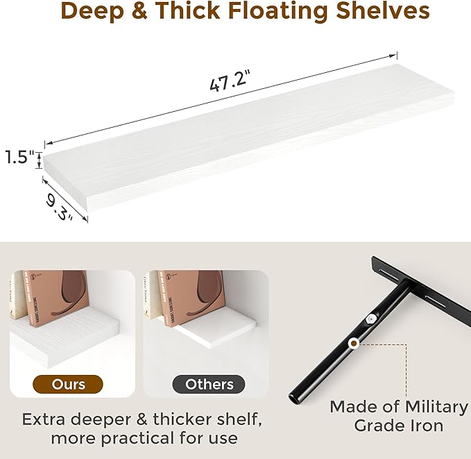 Fun Memories Floating Shelves 48 Inch Set of 2, White 48 x 9 Wall Shelves for Home Decor Storage, Rustic Wood Floating Shelf for Wall, 9 Inch Deep Shelving for Bathroom, Living Room, Kitchen-Ruum Studio Home