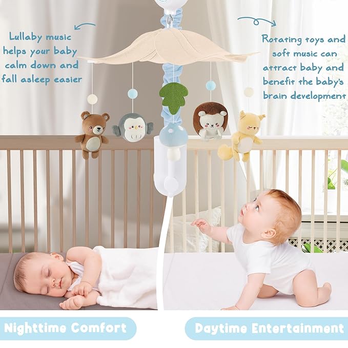 Woodland Crib Mobile – Forest Animals Baby Mobile for Crib with Upgraded 3-Mode Music Box, Blue Nursery Mobiles for Boys & Girls, Fits Standard Cribs, Forest Nursery Decor-Ruum Studio Home