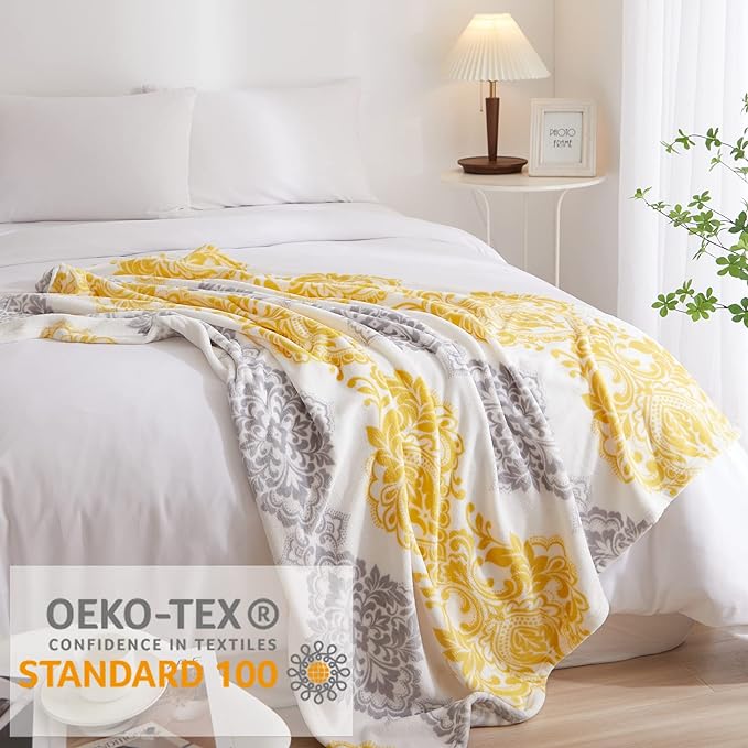CASAAGUSTO Boho Throw Blanket - Yellow and Gray Damask Decorative Blankets with Tassel, Printed Flannel Bohemian Blanket for Chair, Bed, Sofa, Couch(50 * 60, Yellow and Gray Damask)-Ruum Studio Home