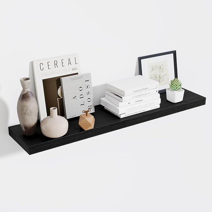 Fun Memories 10 Inch Deep Shelves, Floating Shelves for Wall 48 Inches Long, Wood Floating Shelves for Wall, Large Storage Shelves Wall Mount for Living Room Bedroom, Black, Set of 1-Ruum Studio Home