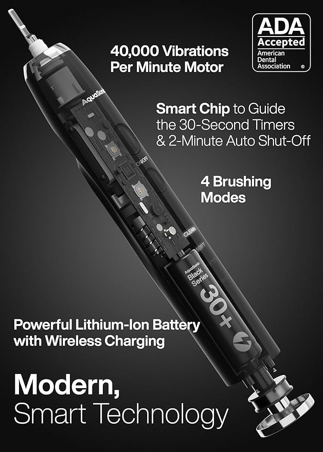 Aquasonic Black Series Ultra Whitening Toothbrush – ADA Accepted Electric Toothbrush- 8 Brush Heads & Travel Case – 40,000 VPM Electric Motor & Wireless Charging - 4 Modes w Smart Timer-Ruum Studio Home