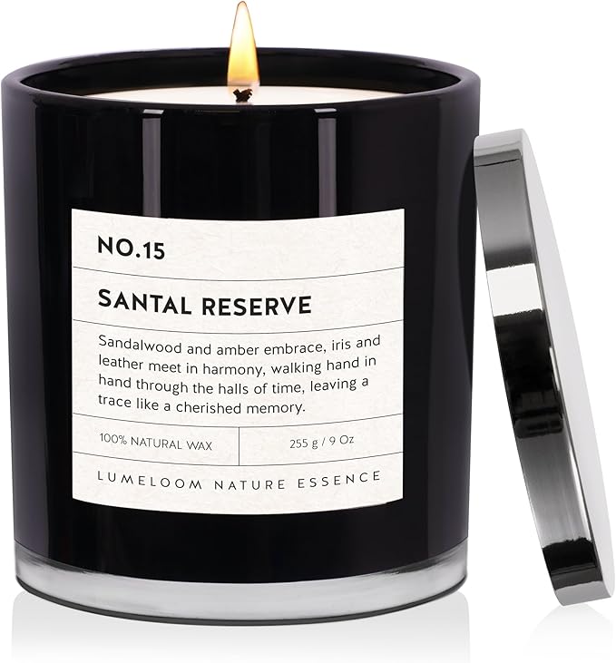 Santal Reserve Luxury Scented Candles, 9oz Soy Wax Candles for Home Scented, Sandalwood, Amber, Iris & Leather Scent, Long Burning Time, Gifts for Women, Men, Sister, Teacher-Ruum Studio Home