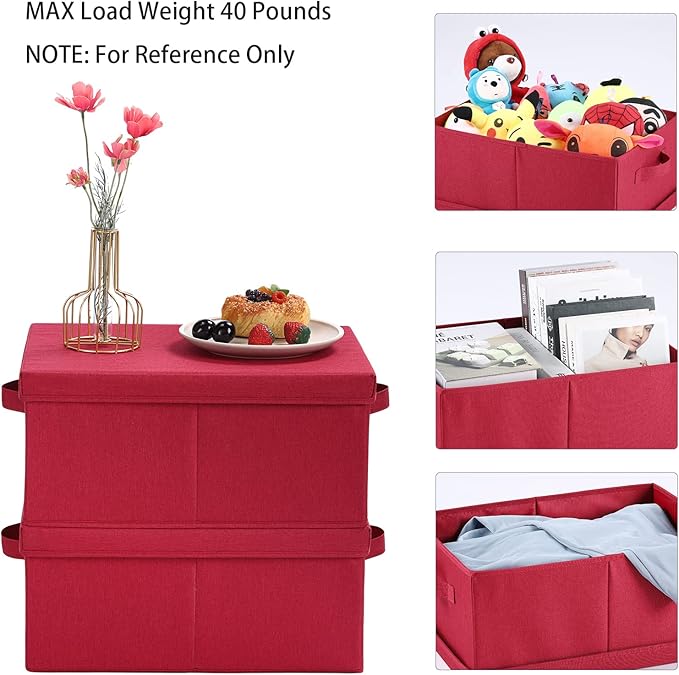 HOONEX Storage Bins with Lids for Organizing, Pack of 2, Storage Boxes with 2 Carrying Handles and Sturdy Heavy Cardboard, 16.5" L x 11.8" W x 7.5" H for Shoes, Books, Clothes, Red-Ruum Studio Home