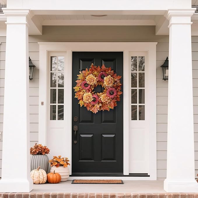 28'' Large Fall Wreath for Front Door, Porch, Window- Artificial Maple Leaves Faux Sunflower Hydrangea Pumpkins Outdoor Autumn Wreath for Home, Farmhouse Wall Thanksgiving Day Harvest Festival Decor-Ruum Studio Home