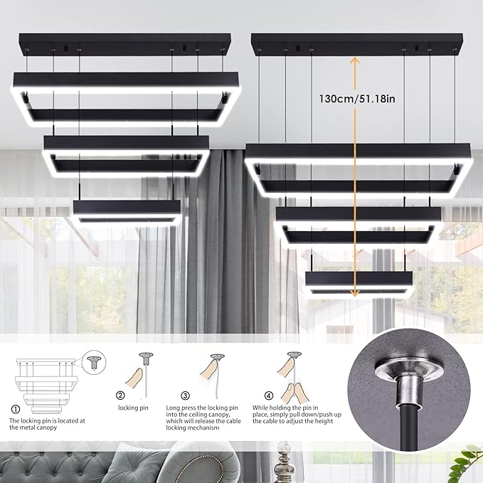 Modern 3 Rings Rectangle Chandelier for Living Room - Adjustable Height Luxury Foyer Lighting Fixture for High Ceiling, Hanging Dining Room LED Pendant Light-Ruum Studio Home