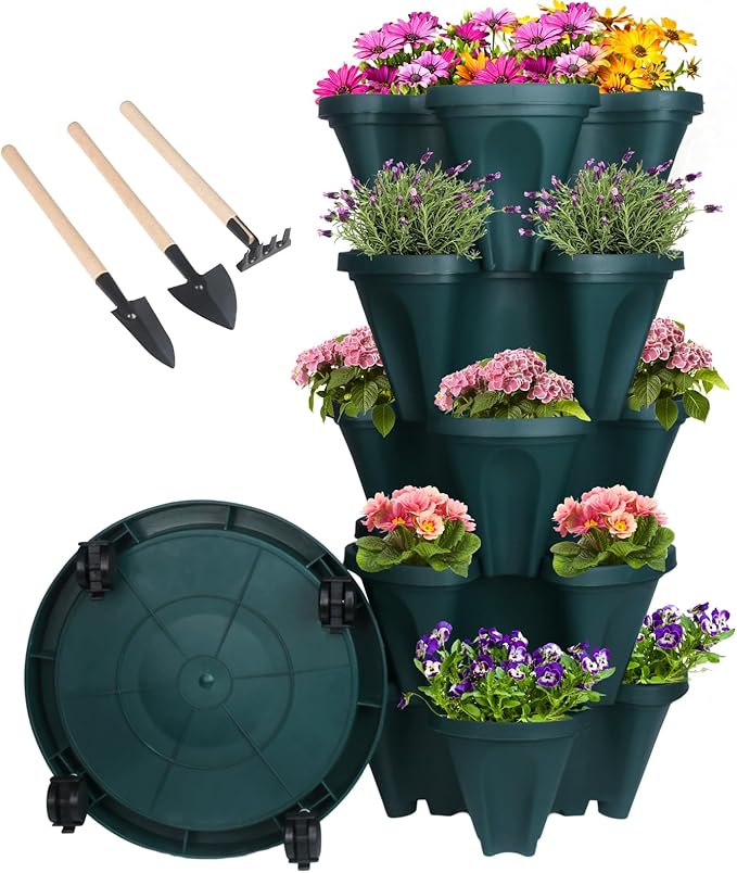 Vertical Planter 5 Tier Stackable Planters Garden Planters Strawberry Herb Flower and Vegetable Planter Indoor Outdoor Gardening Pots with Removable Wheels and Tools-Ruum Studio Home