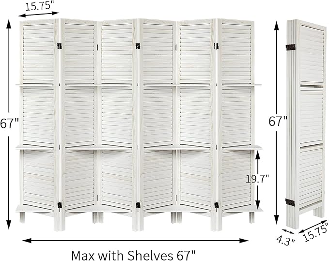 Room Divider with Shelves, Privacy Screen, Room Dividers and Folding Privacy Screens, 6 Panel Wood Temporary Wall Partition Separation Separator, White-Ruum Studio Home